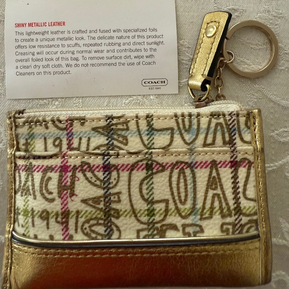 COACH Ltd Edition Graffiti coin/key case- w/ gold shiny metallic leather trim-